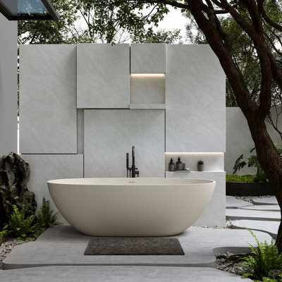 55" Oval Stone Resin Freestanding Deep Soaking Bathtub with Overflow & Pop-Up Drain Kit