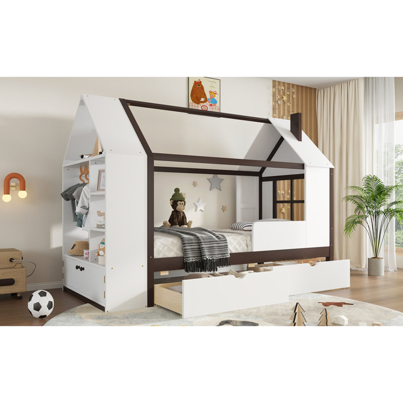 Lit simple en bois massif avec tiroirs et tablettes de rangement, blanc et ludique, fonctionnel et attrayant