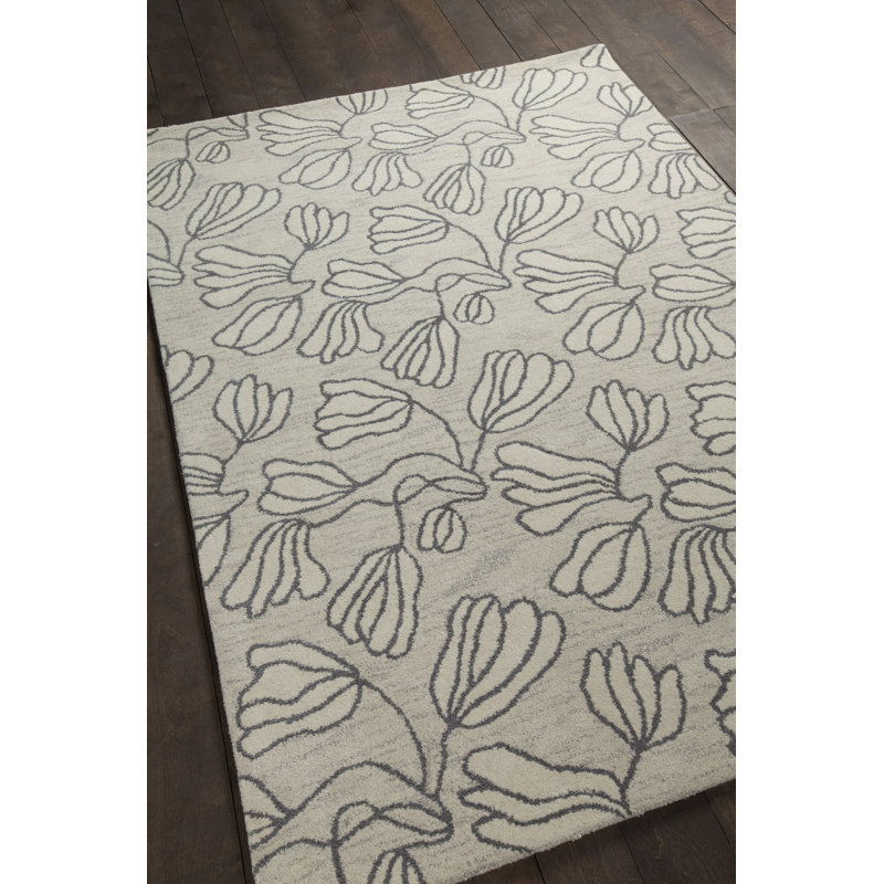 Tapis géométrique floral en laine touffeté à la main ivoire Bartz, Rectangle 5 pi x 7 pi 6 po