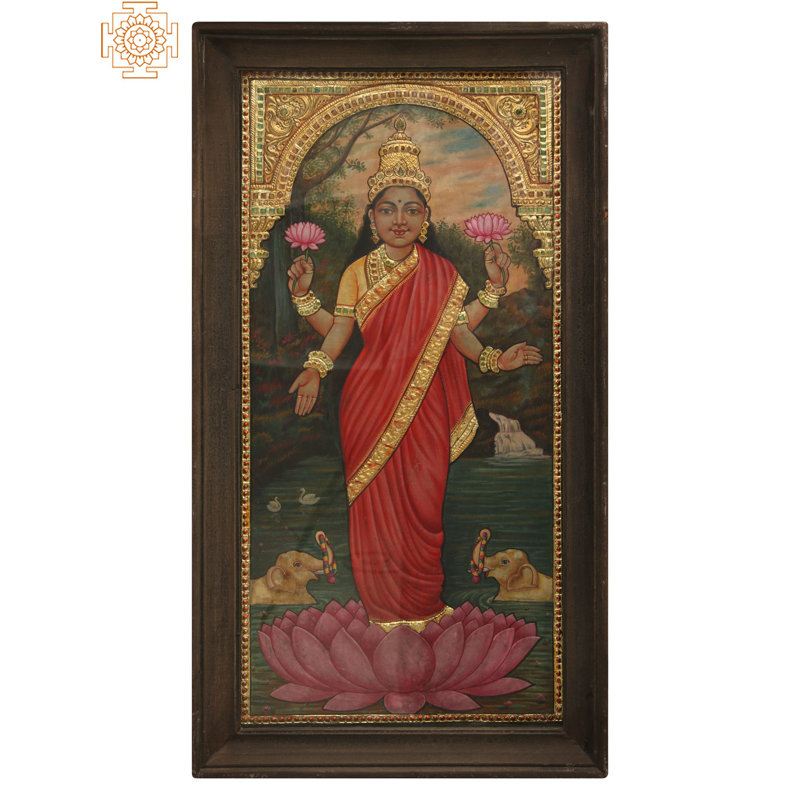 26 "Maa Lakshmi debout sur un lotus rose, peinture de Tanjore avec cadre | Art par Rajaraman