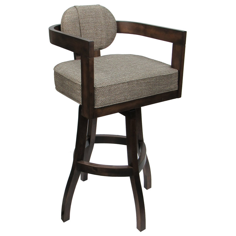 Tabouret de bar pivotant en bois Camili sur base en S, Walnut, Siège en mélange de polyester brun clair / struc