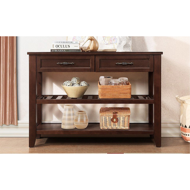 Console Sofa Table with 2 Storage Drawers and 2 Tiers Shelves, Mid-Century Style 42'' Solid Wood Buffet Sideboard, Espresso