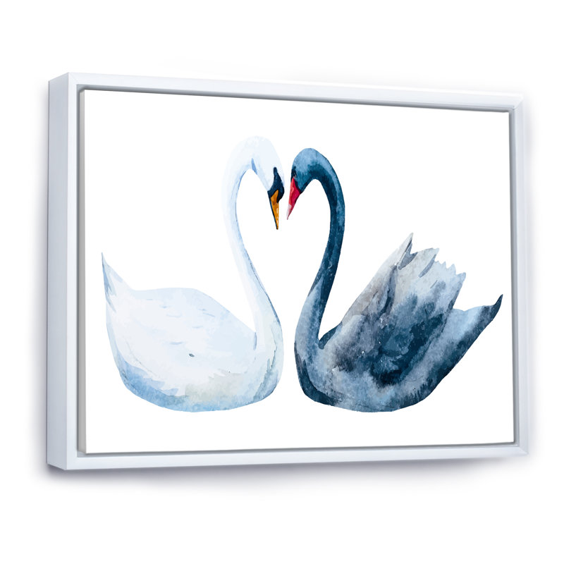 Cygnes en forme de cœur noir et blanc - peinture sur toile, H 16 po x l 32 po x P 1 po, Cadre flottant blanc