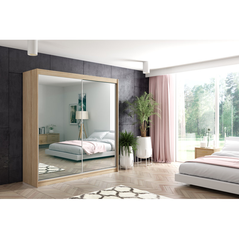 DEBA Wardrobe with Mirrored Sliding Doors, Oak