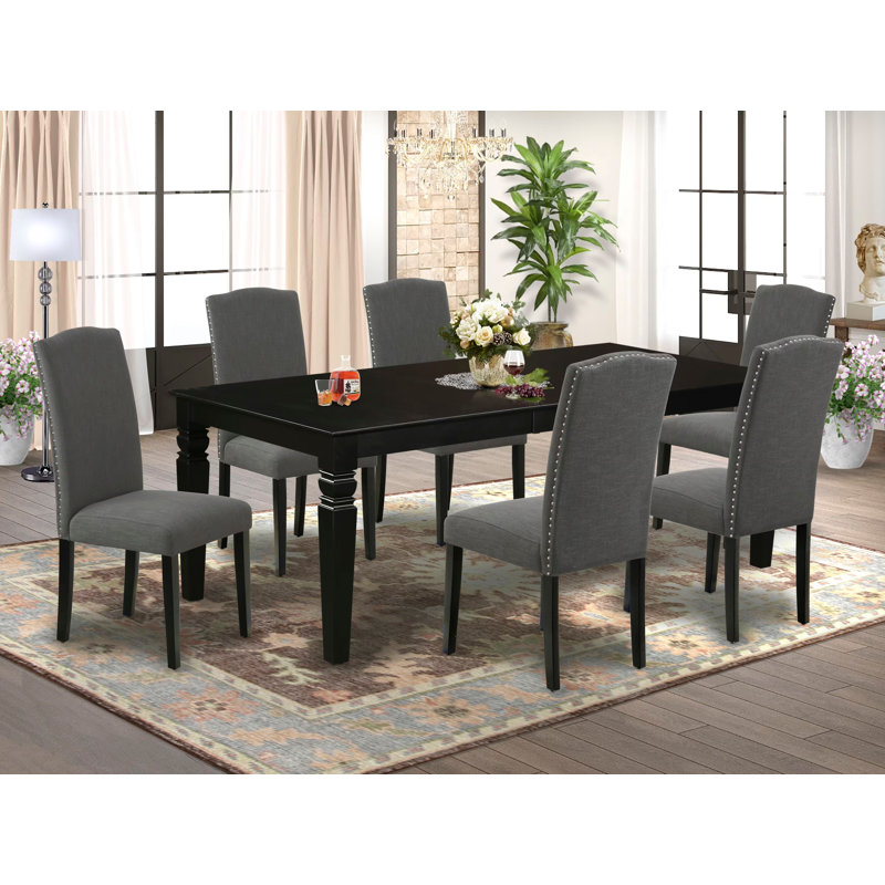 Ensemble de table de salle à manger 7 pièces composé d'une table de salle à manger rectangulaire avec feuille papillon et 6 chaises Parson en tissu Gotham foncé, 42 x 84 po, noir