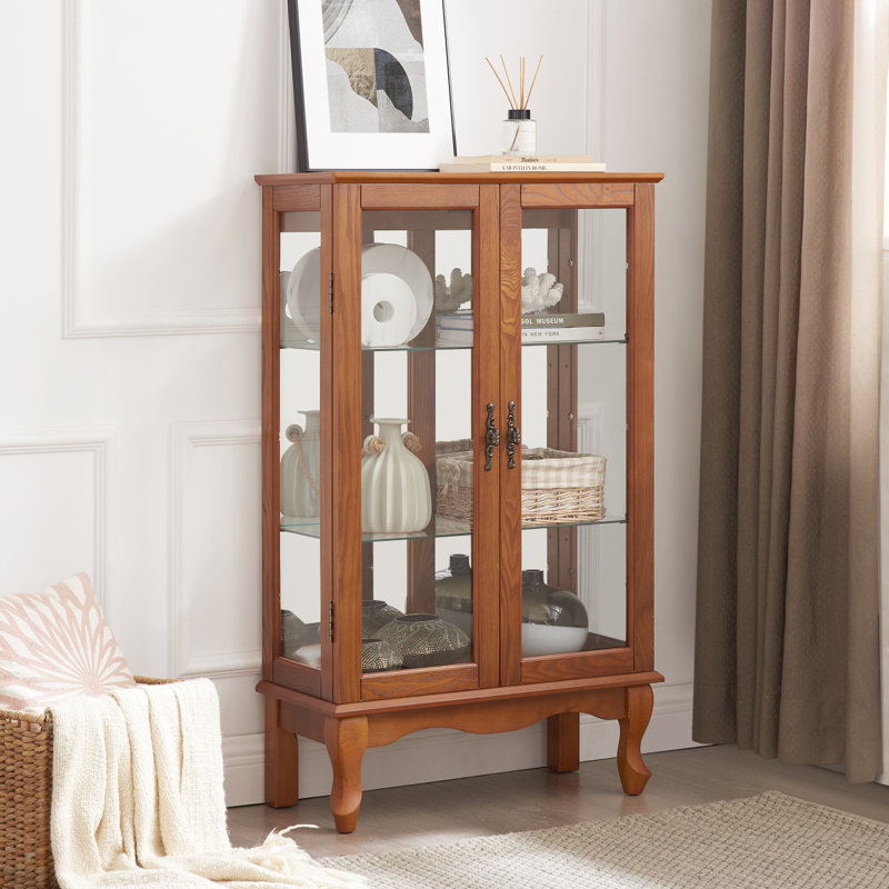 2 Doors Curio Cabinet With Tempered Glass Doors, Curio Cabinets With Mirrored Back Panel And Adjustable Shelves, Lighted Display Cabinet For Home, Office Light Bulb Included