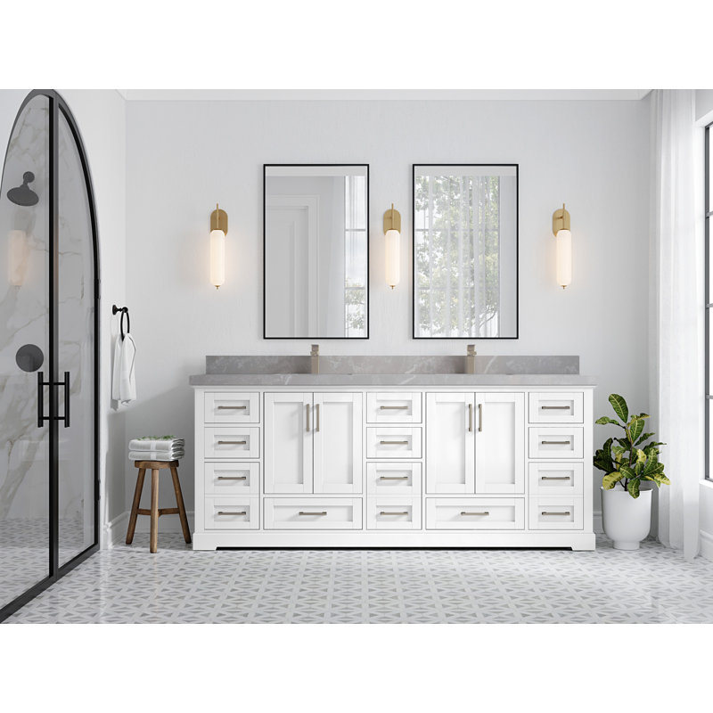 Eser 84'' Double Bathroom Vanity with Top, White, Pearl Light Gray Quartz