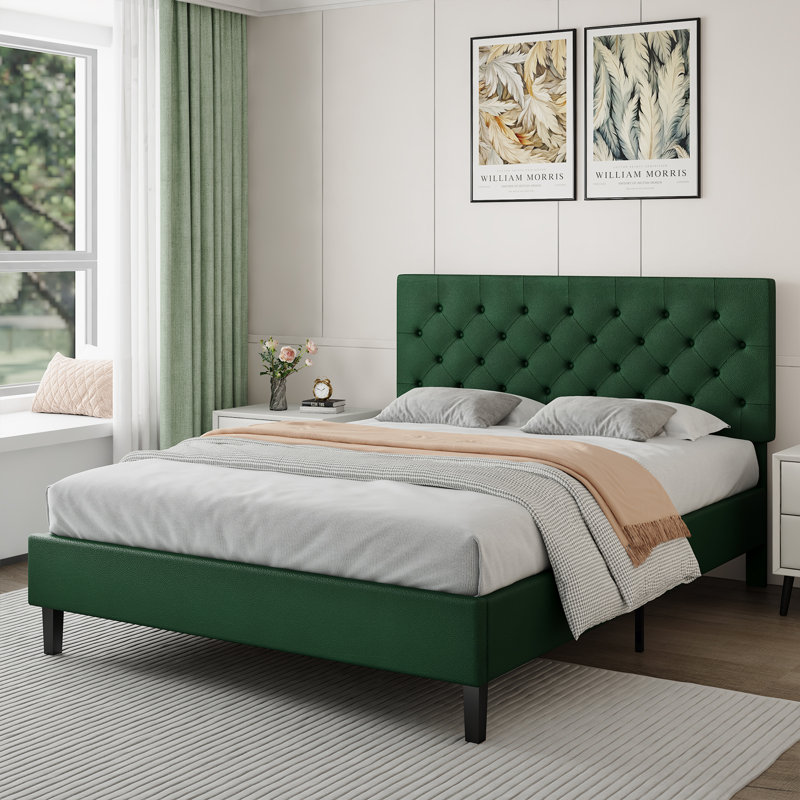 Structure de lit avec tête de lit, lit plateforme tapissier avec capitonnage à boutons Desigh, Lit double, Vert