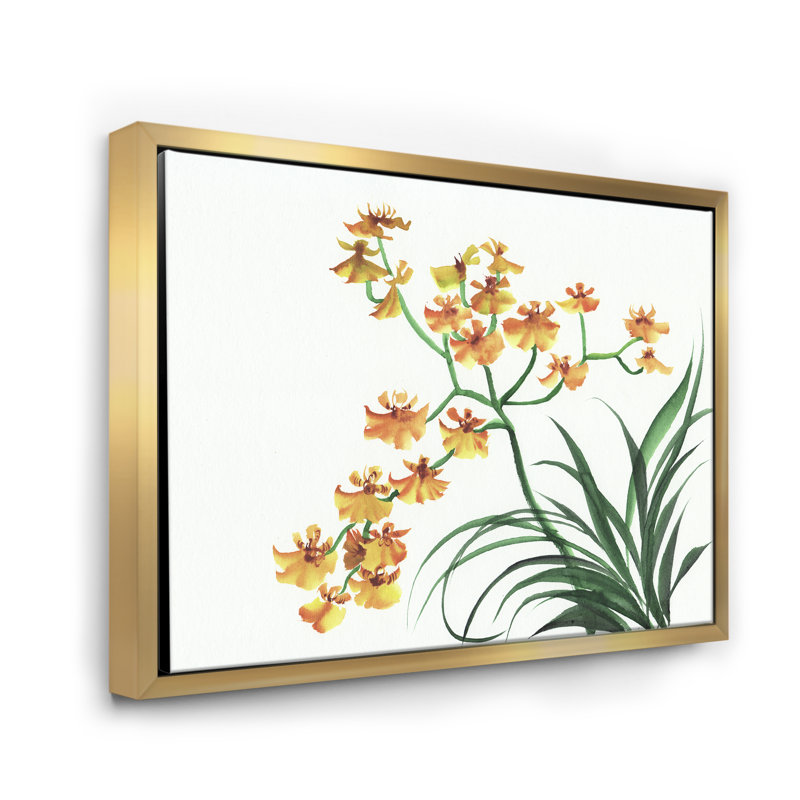 Orchidées jaunes rétro - peinture sur toile, H 16 po x l 32 po x p 1 po, Cadre flottant doré