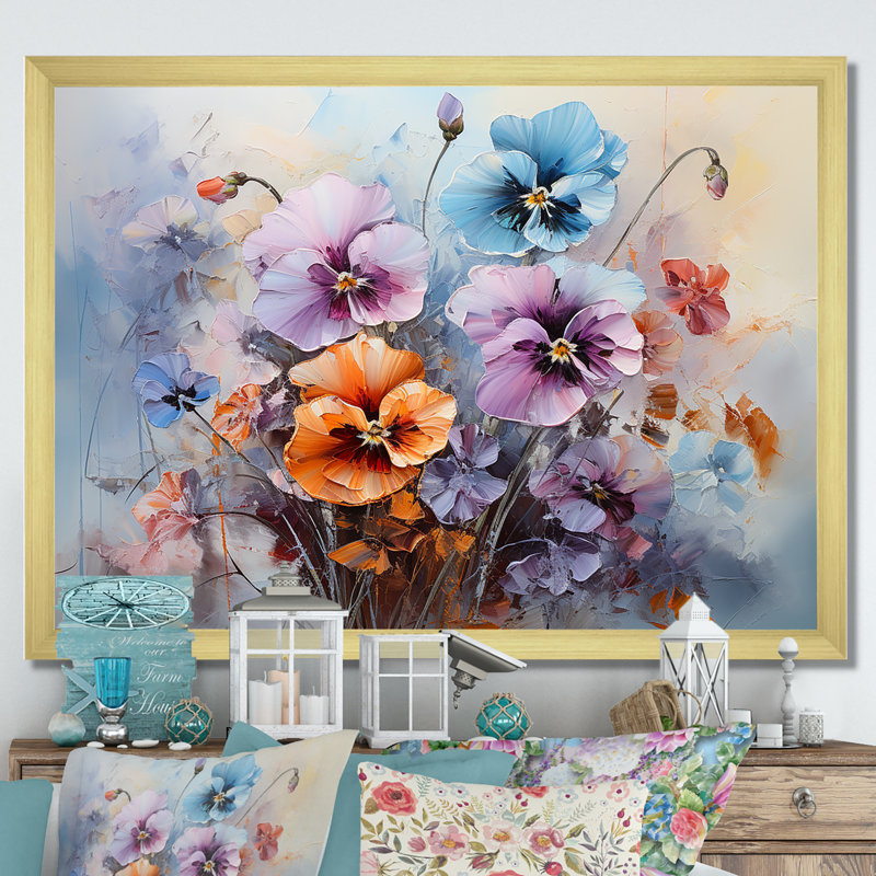 «Purple Pansies Efflores Lawrence» sur toile, Cadre doré simple, H 24 po x l 32 po x P 1 po