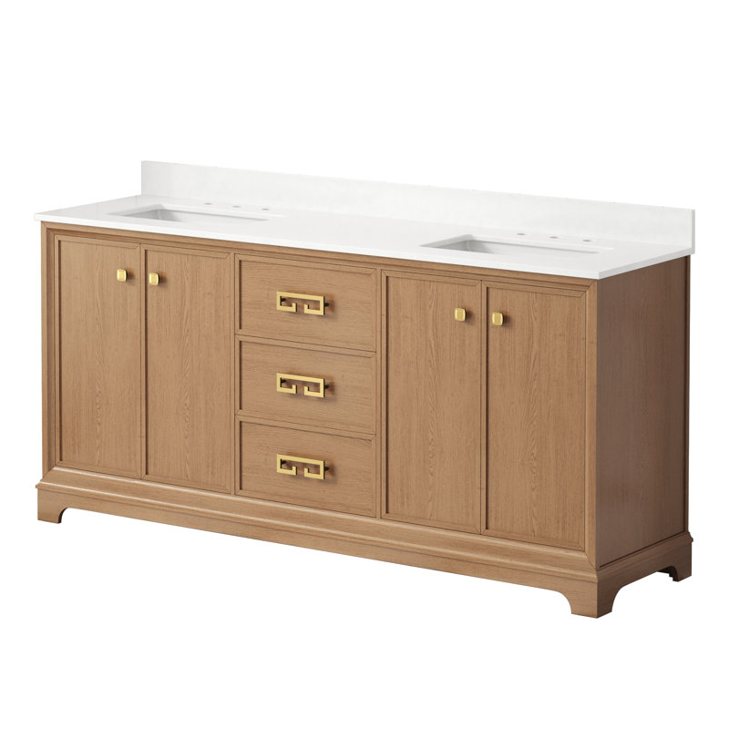 72" Free Standing Double Bathroom Vanity with Engineered Marble Top, Ceramic Sink, Backsplash, 72", Light Walnut