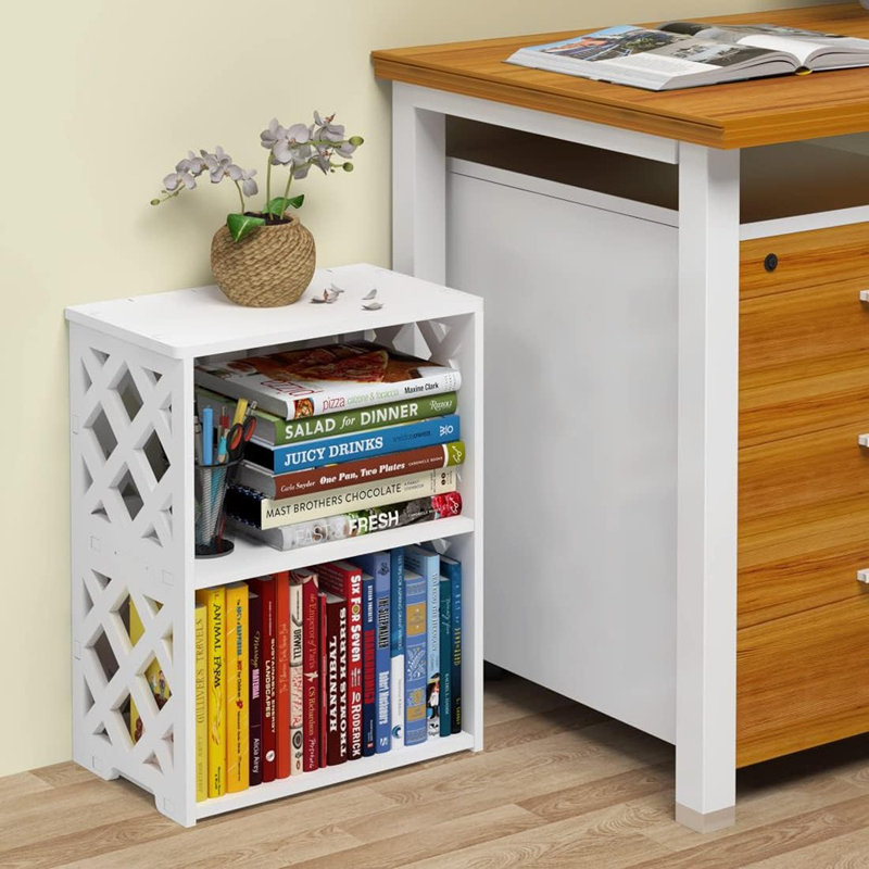 Small Bookshelf For Small Spaces, 2-Tier White Bookcase, C...