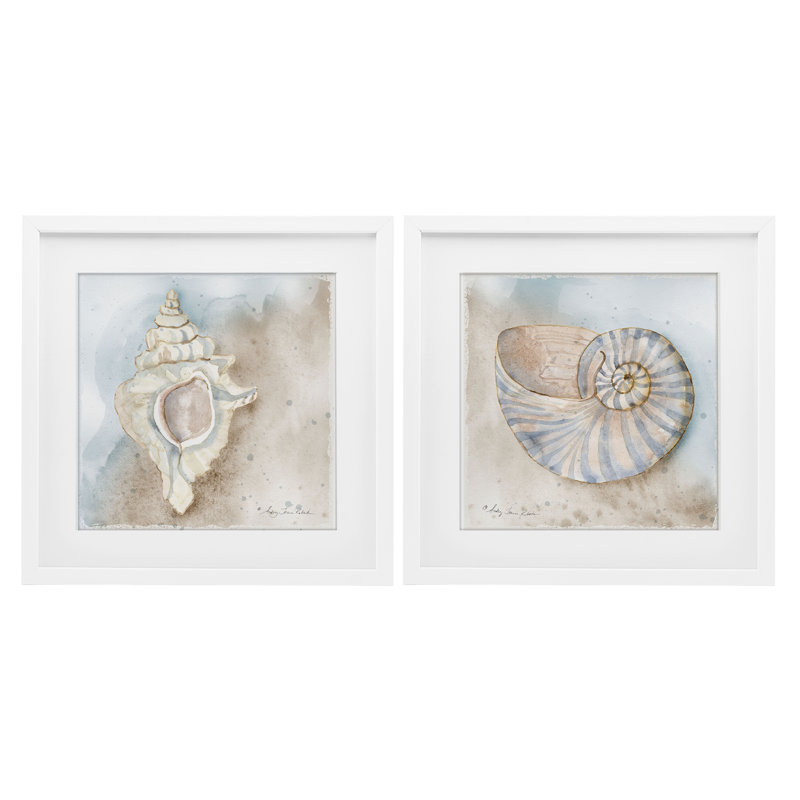Conch & Nautilus Ocean's Edge, ensemble de 2 impressions sous verre encadrées, design par Audrey Jeanne Roberts