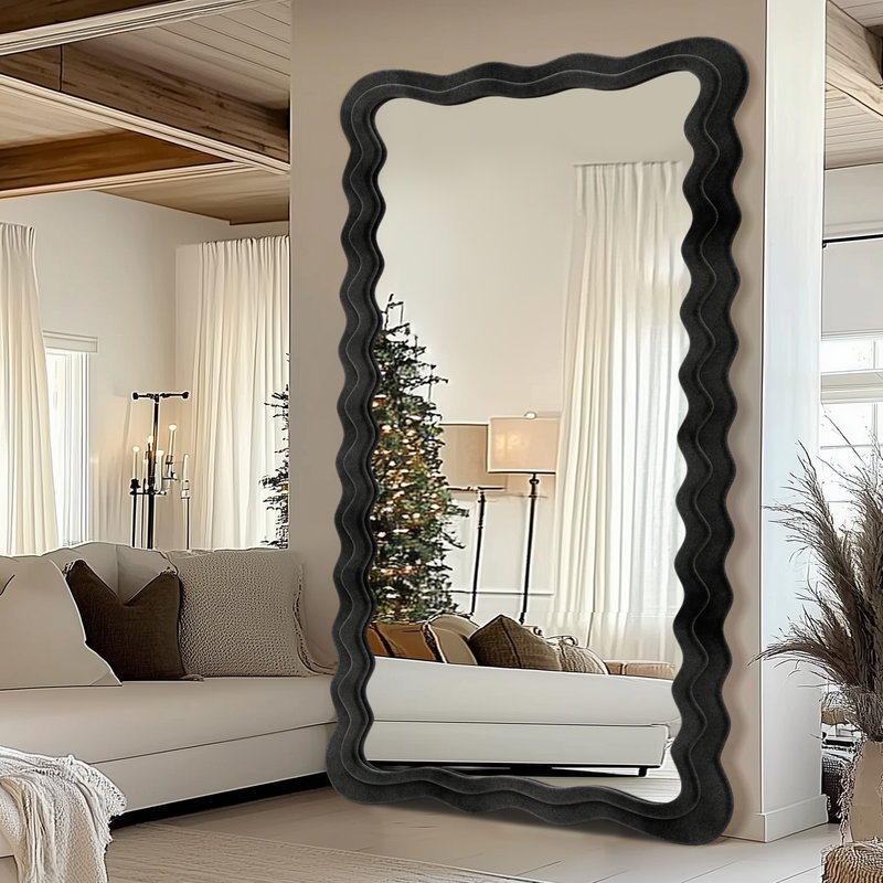 Irregular Wavy Mirror, Large Floor Standing Mirrors Wall Mounted with Flannel Wrapped Frame for Bedroom & Living Room, Black
