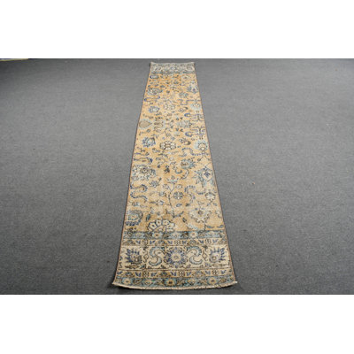 Tapis de couloir turc rétro à motif floral jaune avec pampilles - idéal pour les escaliers ou les espaces étroits