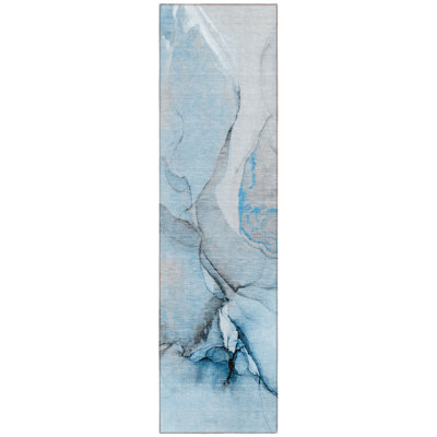 8' Runner Blue and Ivory Abstract Washable Non Skid Indoor Outdoor Runner Rug