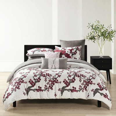 Housse de couette pour très grand lit - coton, motif de losanges, fleurs de cerisier en fleurs élégantes 100% coton, motif floral, attaches intérieures,