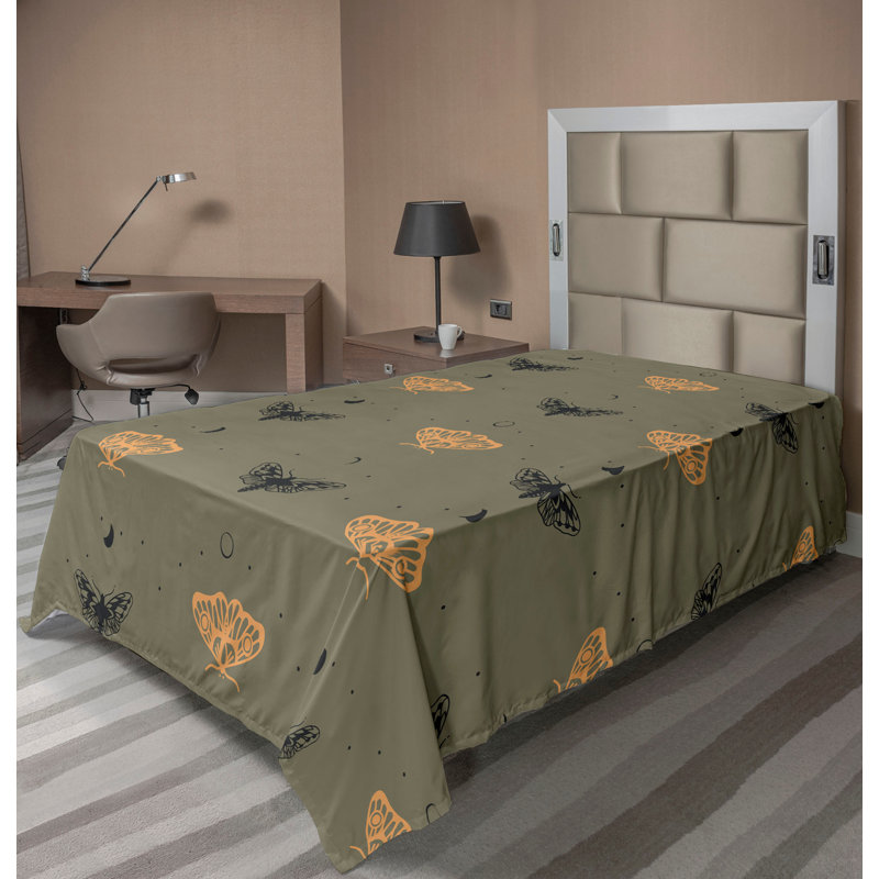 Ambesonne Boho Art Flat Sheet Moths Moons Dots Pattern Pale Orange Dark Grey, Twin Flat Sheet
