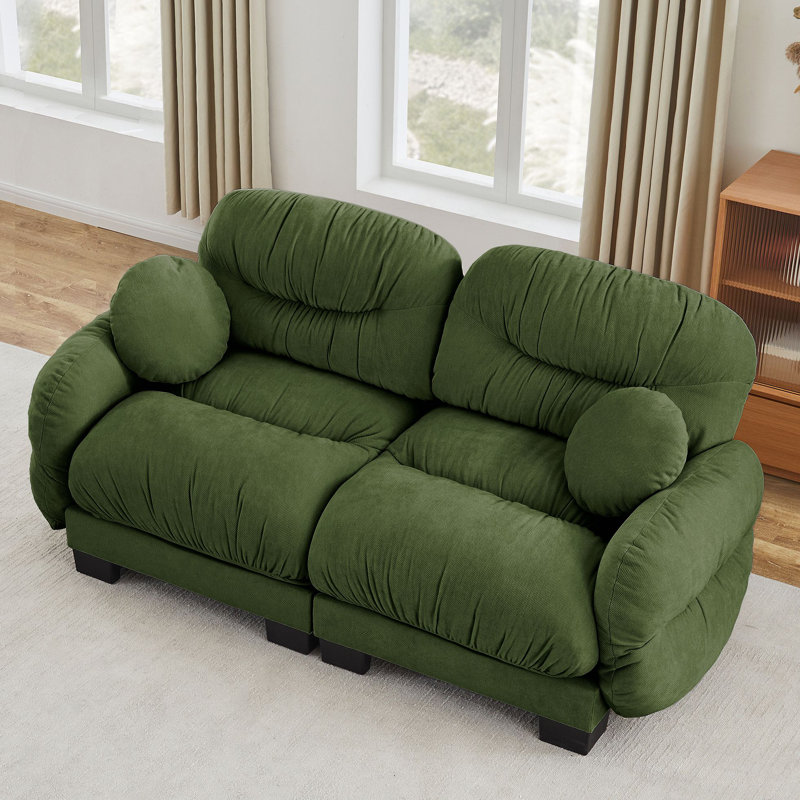 Canapé modulaire confortable à 2 places en tissu de chenille plissé avec siège ergonomique en mousse haute densité, accoudoirs arrondis arrondis et 2 coussins décoratifs ronds