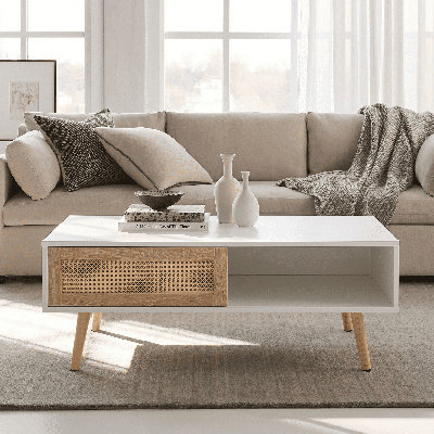 Meshoppen 41Inch Rattan Coffee Table With Sliding Door Storage, Solid Wood Legs & Open Shelf