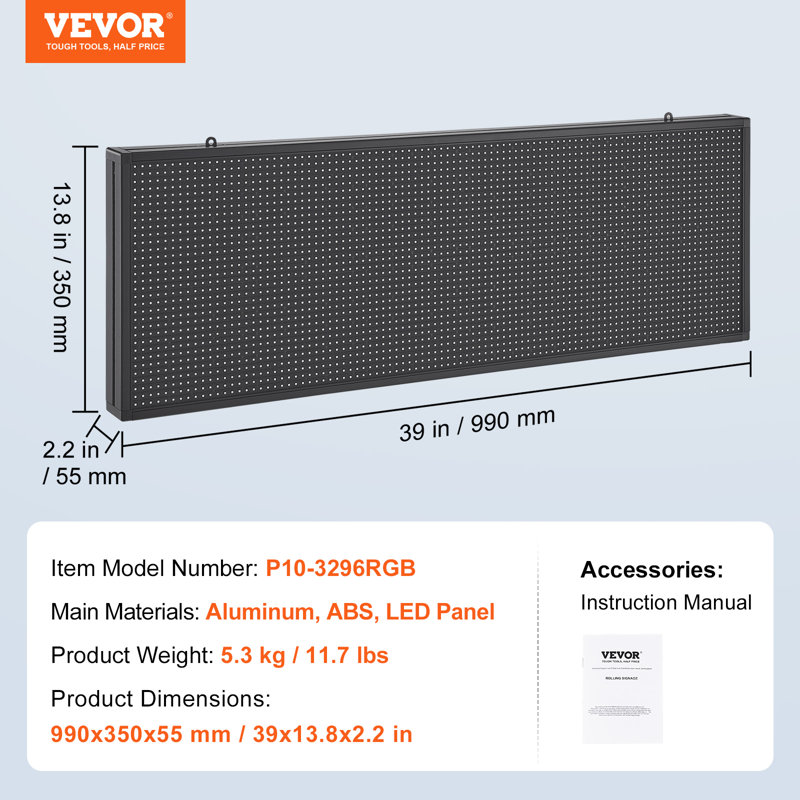 VEVOR Programmable LED Sign, P10 Full Color LED Scrolling Panel,