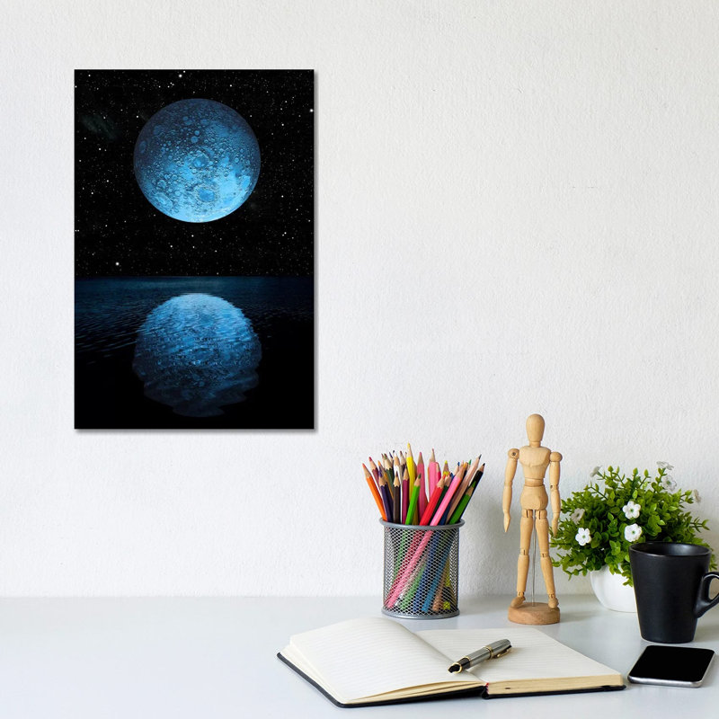 A Blue Moon Rising Over A Calm Alien Ocean With A Starry Sky As A Backdrop by Marc Ward - Wrapped Canvas Print