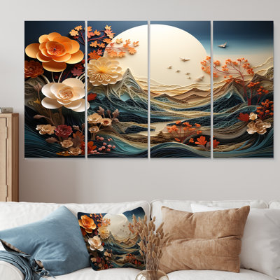 «Vintage Winter River In Japon III - Winter Landscape», art mural 4 pièces