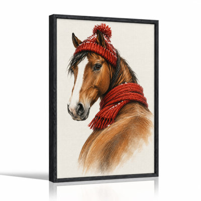 Toile brune de Noël portant un chapeau et une écharpe en tricot rouge