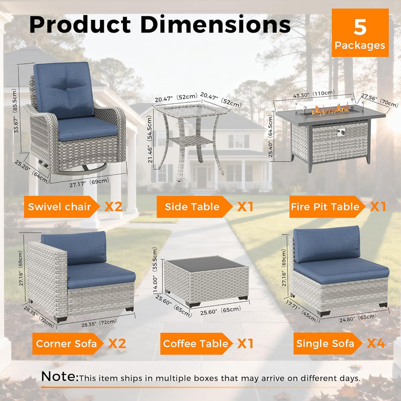 8 - Person Outdoor Rattan Furniture Patio Set with Fire Pit Table, Navy