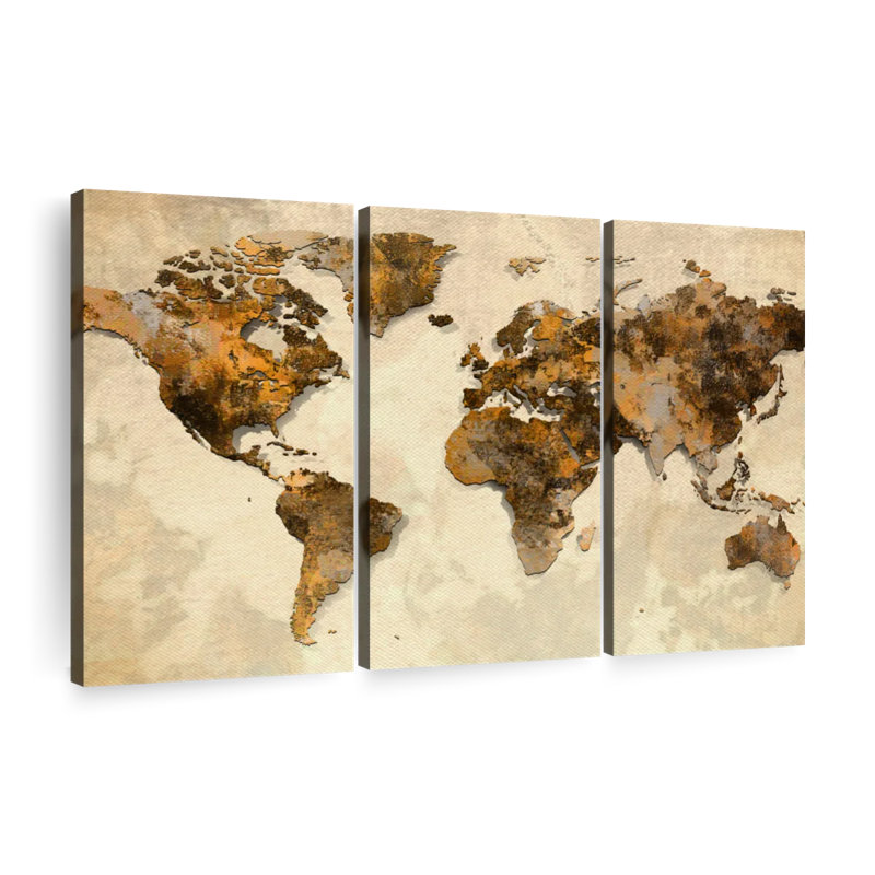 Ensemble de carte du monde rustique sur toile 3 pièces, H 48 po x l 74 po x P 1,25 po