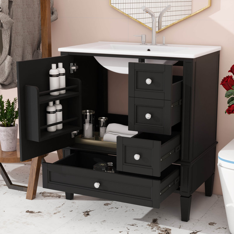 Meuble-lavabo 30 po avec lavabo en céramique, unité avec 3 tiroirs, Noir