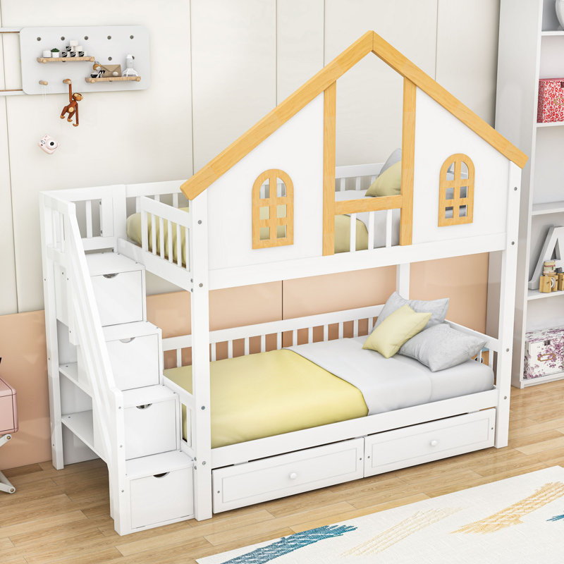 Two Drawers Wooden Bunk Bed With Storage Stairs And Shelves, Twin Over Twin