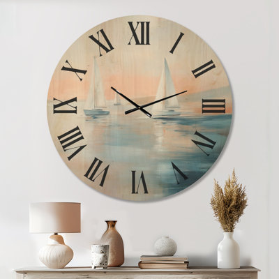 Voiliers au coucher du soleil serein - Horloge murale en bois bleu de style nautique