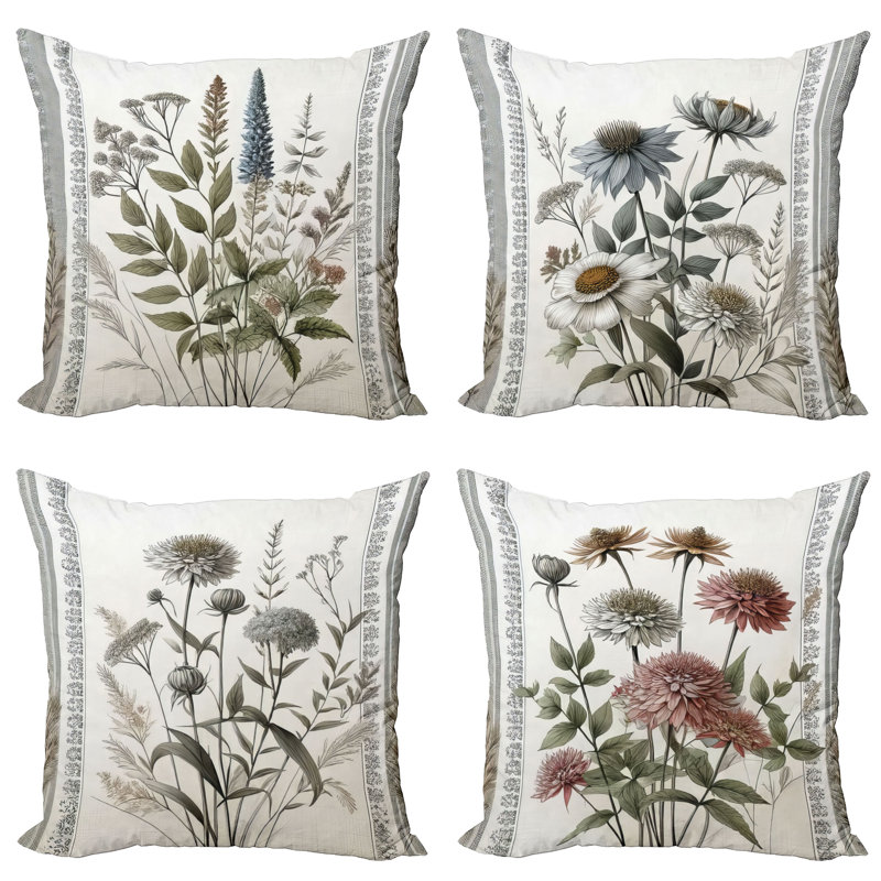 Vintage Botanical Sage Green and Blue Grey Polyester Throw Pillow Set