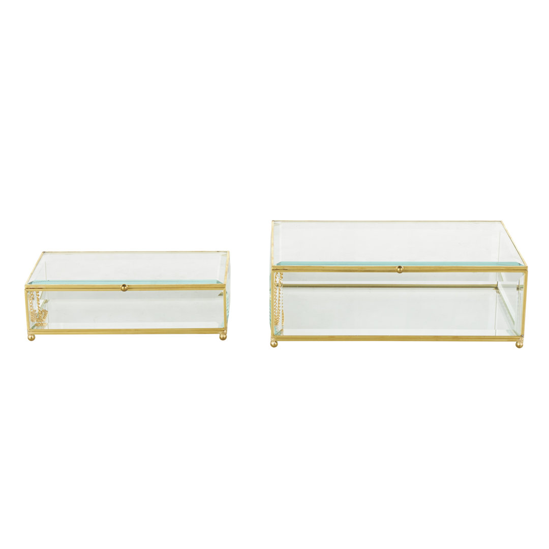 Glass Beveled Decorative Clear Jewelry Box with Gold Metal Frame and Chain Accent Set (Set of 2) Latitude Run®