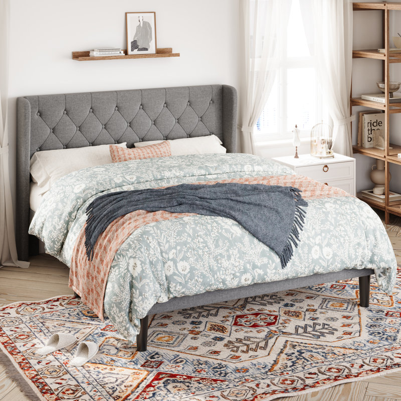 Walace Upholstered Wingback Bed, Light Gray, Queen