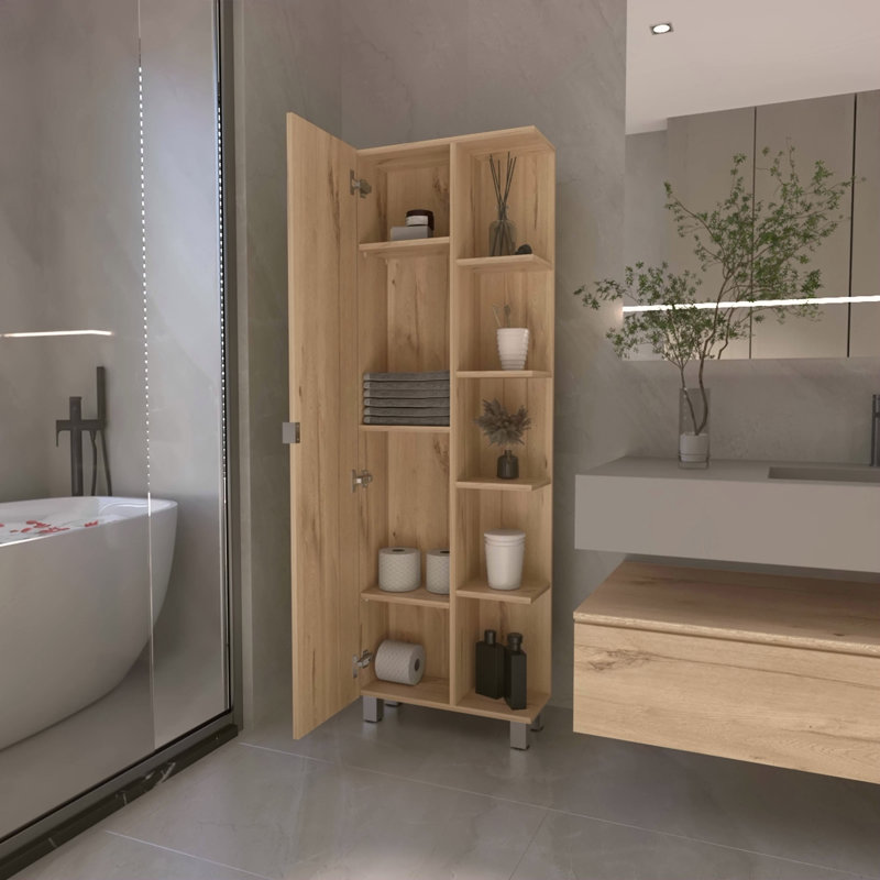 Stylish Tall Cabinet with Open and Hidden Storage, Versatile for Any Room and Decor., Light Brown Oak