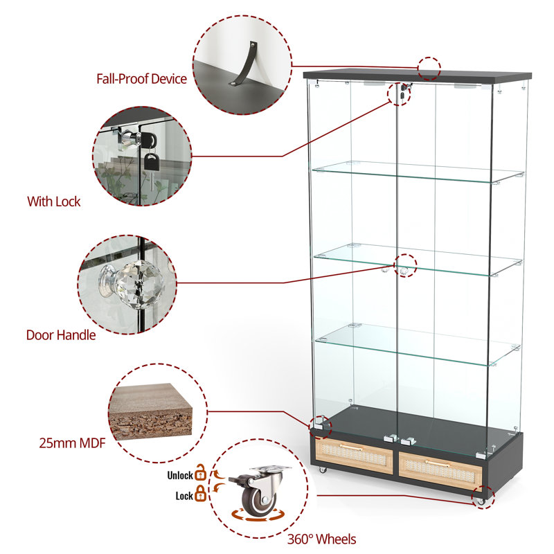 Modern Glass Display Cabinet With 4 Tempered Glass Bookshelf,natural, Black