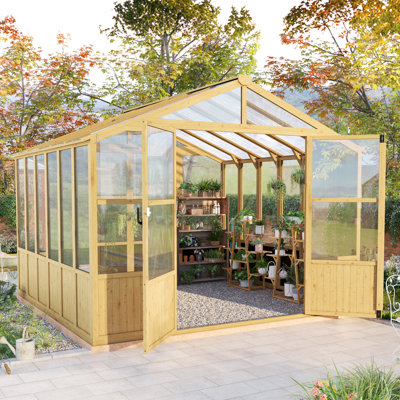 10' x 10' Cedar Wood Greenhouse with Polycarbonate Panels, Lockable Door, and Adjustable Roof Vents
