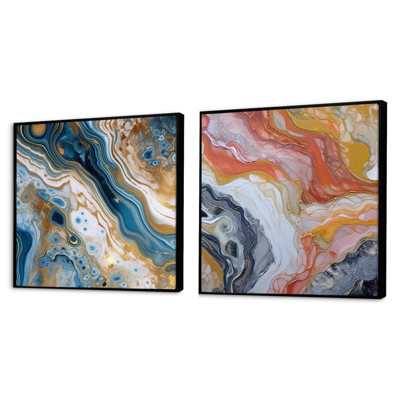 Symphonie turquoise sarcelle - ensemble de 3 collages carrés abstraits, Cadre flottant noir, H 36 po x l 73 po