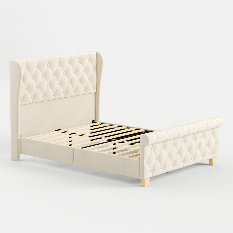Structure de lit plateforme moderne en velours, support de lattes en bois massif, aucun sommier requis, Queen, Beige
