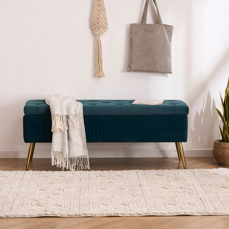 Banc de rangement en velours de 46 po de largeur pour le lit de la chambre à coucher dans le salon de la fenêtre du lit