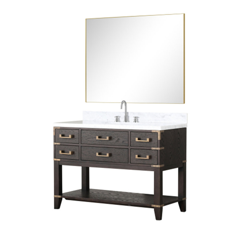 Meuble-lavabo simple.  Comptoir en marbre de Carrare, ensemble de robinet et miroir, Chêne brun