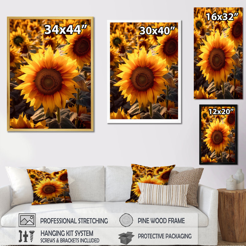 Tournesol doré au coucher du soleil III - impressions murales florales, H 32 po x l 24 po x P 1 po, Cadre photo noir