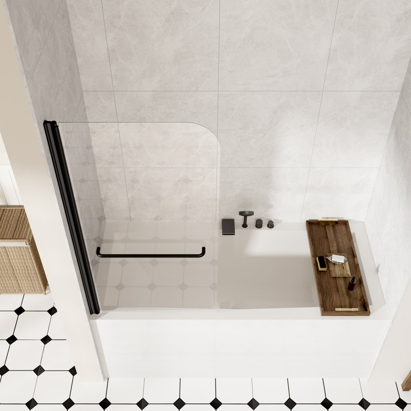 34" W x 58" H Bathtub Shower Door, 180 Degrees Pivot Tub Shower Glass Door with 1/4" (6mm) Tempered Glass and Towel Bar, Matte Black Finish, Explosion-Proof Film, Stainless Steel