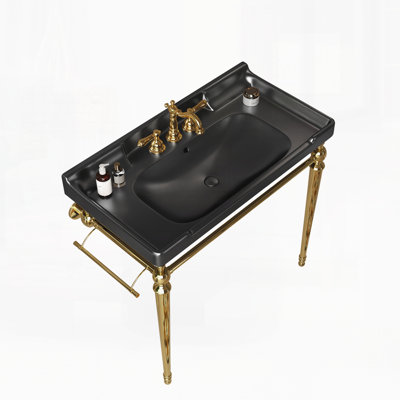 36" Bathroom Console Sink, Wall-Mounted Ceramic Vanity Basin with 3 Pre-drilled Faucet Holes
