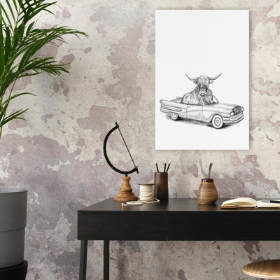 Highland Cow In A Car - Contemporary Highland Cow Vintage Car Surreal Animal In Vehicle Art