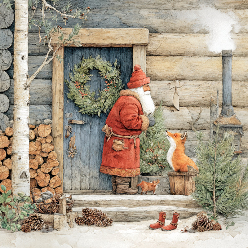 «Santa and Fox at Cabin Door», art mural sur toile, H 40 po x l 40 po
