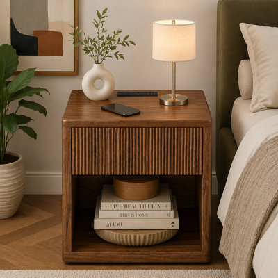 Night Stand Nightstand with Drawer Storage Fluted Bed Side Table End Table Large Modern Wide Bedside Stand Mid Century Night Stands for Bedroom Living