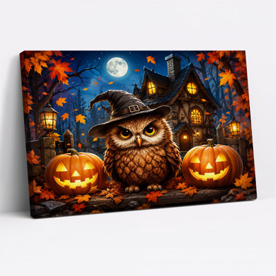Chouette au chapeau de sorcière noire avec citrouilles incandescentes, art d'Halloween